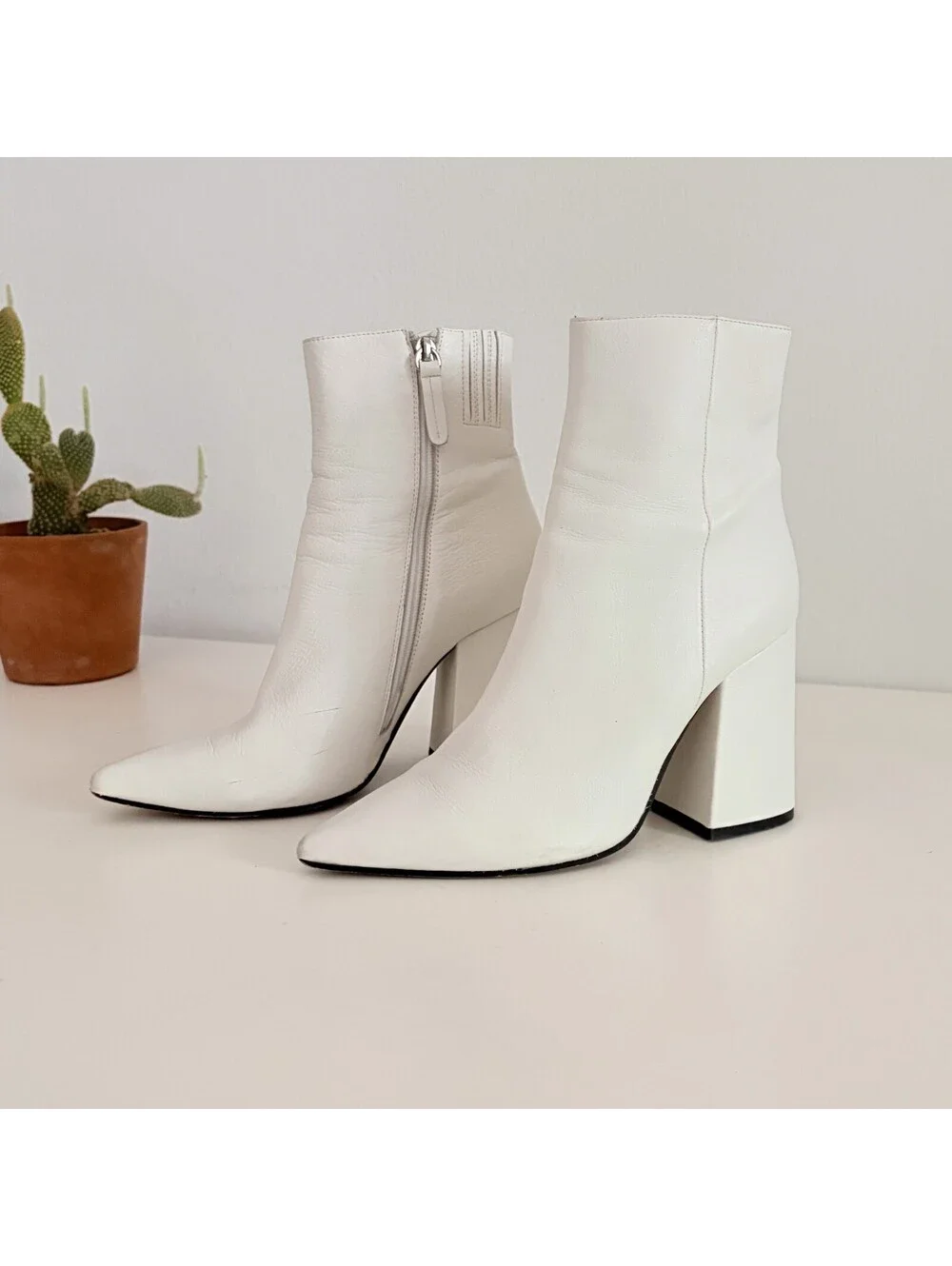 White Ankle Boots Western Pointed Toe Block Heel Side Zipper